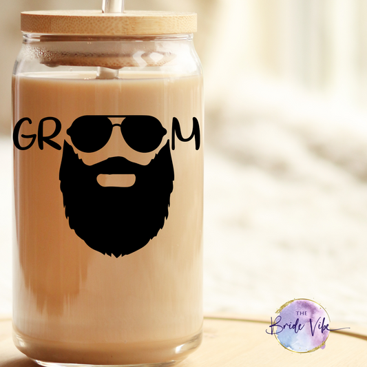 Bearded Groom 16oz Glass Cup, Gift for Groom