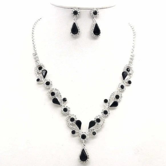 Classic Vein Shape Rhinestone Necklace Set Silver-Jet Black