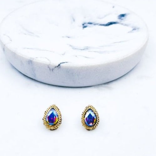AB Stone in Gold Setting- Teardrop Pave Glass Rhinestone Post Earrings