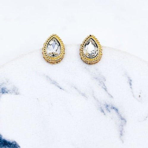 Clear Stone in Gold Setting - Teardrop Pave Glass Rhinestone Post Earrings