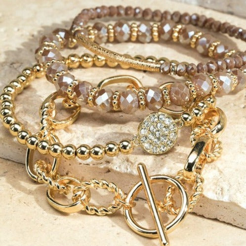 Mauve - Stack Bracelet Set with Glass Beads and Link Chain Bracelet