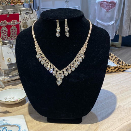 Gold Petal Cut Rhinestone Crystal Fringe Necklace and Earring Set