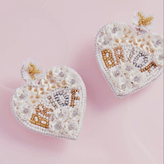 Seed Bead Bride Heart Earrings